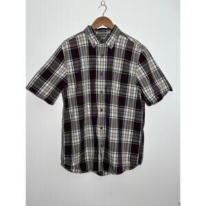 Carhartt Brown Beige and Blue Stripe Button Down Shirt Men's Short Sleeve Size L
